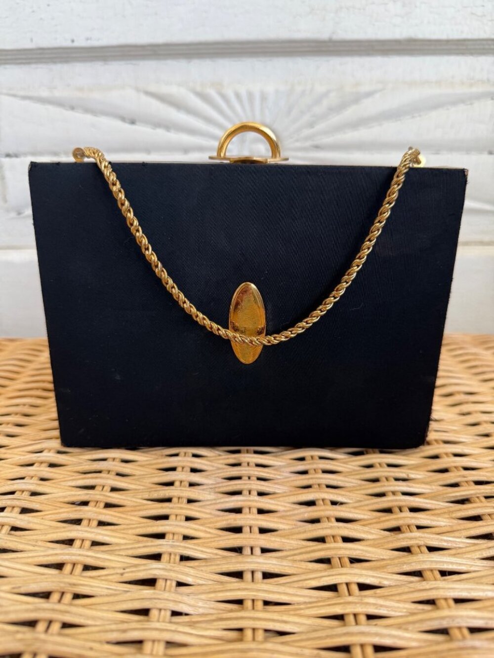 Vintage 1950s Evans Black Satin Gold Metal Evening Box Purse
